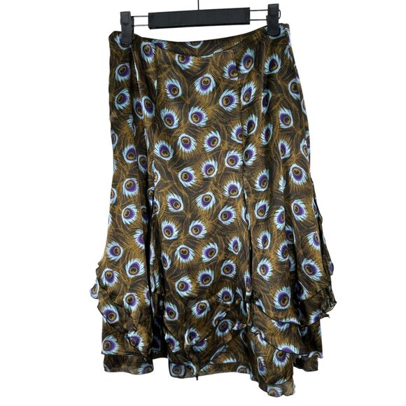 Etcetera Silk Peacock Asymmetrical Flowy Handkerchief Knee Length Skirt Size 6 - Picture 5 of 6